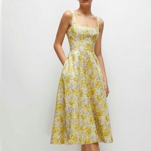 Dessy Collection Golden Metallic Floral Midi Cocktail Dress, SIZE 2